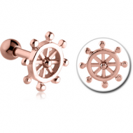 ROSE GOLD PVD COATED SURGICAL STEEL TRAGUS MICRO BARBELL - SHIP WHEEL