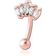 ROSE GOLD PVD COATED SURGICAL STEEL JEWELLED FANCY CURVED MICRO BARBELL - FIVE GEMS PIERCING