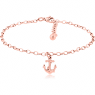 ROSE GOLD PVD COATED SURGICAL STEEL OVAL ROLLO CHAIN ANKLET WITH CHARM - ANCHOR