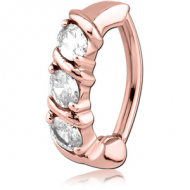ROSE GOLD PVD COATED SURGICAL STEEL JEWELLED BELLY CLICKER - TRIPLE GEMS WITH LINES PIERCING