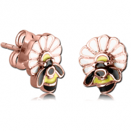 ROSE GOLD PVD COATED SURGICAL STEEL EAR STUDS PAIR - BEE ON FLOWER