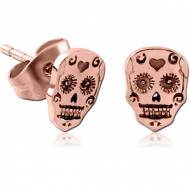 ROSE GOLD PVD COATED SURGICAL STEEL EAR STUDS PAIR - FANCY SKULL