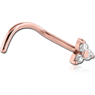 ROSE GOLD PVD COATED SURGICAL STEEL CURVED PRONG SET JEWELLED TRINITY NOSE STUD PIERCING