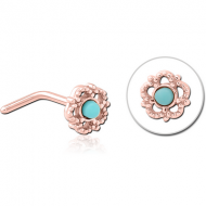 ROSE GOLD PVD COATED SURGICAL STEEL 90 DEGREE JEWELLED NOSE STUD - FLOWER PIERCING