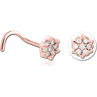 ROSE GOLD PVD COATED SURGICAL STEEL CURVED JEWELLED NOSE STUD - FLOWER PIERCING