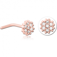 ROSE GOLD PVD COATED SURGICAL STEEL 90 DEGREE JEWELLED NOSE STUD - FLOWER PIERCING