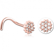 ROSE GOLD PVD COATED SURGICAL STEEL CURVED JEWELLED NOSE STUD - FLOWER PIERCING