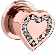 ROSE GOLD PVD COATED SURGICAL STEEL JEWELLED THREADED TUNNEL - HEART PIERCING