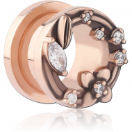 ROSE GOLD PVD COATED STAINLESS STEEL THREADED TUNNEL WITH SURGICAL STEEL JEWELLED TOP