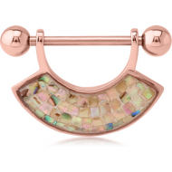 ROSE GOLD PVD COATED SURGICAL STEEL SYNTHETIC MOTHER OF PEARL MOSAIC NIPPLE SHIELD - FAN PIERCING