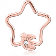 ROSE GOLD PVD COATED SURGICAL STEEL JEWELLED OPEN STAR SEAMLESS RING - CRESCENT AND STAR PIERCING