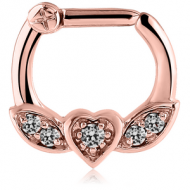 ROSE GOLD PVD COATED SURGICAL STEEL WINGED HEART PRONG SET JEWELLED HINGED SEPTUM CLICKER PIERCING