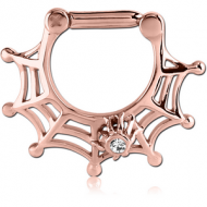 ROSE GOLD PVD COATED SURGICAL STEEL JEWELLED HINGED SEPTUM CLICKER - SPIDER WEB PIERCING