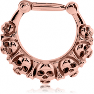 ROSE GOLD PVD COATED SURGICAL STEEL HINGED SEPTUM CLICKER - SKULL PIERCING