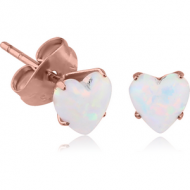 ROSE GOLD PVD COATED SURGICAL STEEL HEART SYNTHETIC OPAL PRONG SET JEWELLED EAR STUDS PAIR