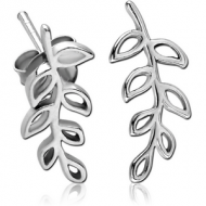 STERLING SILVER 925 RHODIUM PLATED EAR STUDS PAIR - LEAF