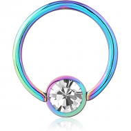 RAINBOW PVD COATED SURGICAL STEEL SWAROVSKI CRYSTAL JEWELLED BALL CLOSURE RING