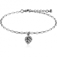 SURGICAL STEEL OVAL ROLLO CHAIN ANKLET WITH CHARM - LEAF