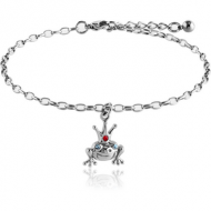 SURGICAL STEEL OVAL ROLLO CHAIN ANKLET WITH JEWELLED CHARM - FROG KING