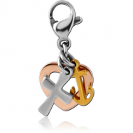 SURGICAL STEEL TRIPLE TONE CHARM WITH LOBSTER LOCKER - HEART ANCHOR CROSS