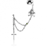 SURGICAL STEEL JEWELLED EAR CUFF CHAIN WITH CROSSBONES SKULL AND CROSS