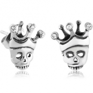 SURGICAL STEEL EAR STUDS PAIR - SKULL WITH CROWN
