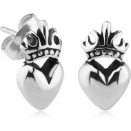 SURGICAL STEEL EAR STUDS PAIR - HEART WITH CROWN