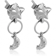 SURGICAL STEEL EAR STUDS PAIR - STAR WITH DANGLING CRESCENT