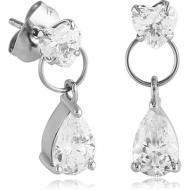 SURGICAL STEEL JEWELLED EAR STUDS PAIR - HEART WITH DANGLING PEAR STONE