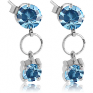 SURGICAL STEEL JEWELLED EAR STUDS PAIR - ROUND WITH DANGLING ROUND STONE
