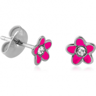 SURGICAL STEEL VALUE JEWELLED EAR STUDS PAIR WITH ENAMEL - FLOWER