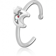 SURGICAL STEEL JEWELLED OPEN NOSE RING - CRESCENT AND STAR PIERCING