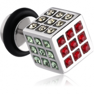 SURGICAL STEEL CRYSTALINE JEWELLED RUBIK FAKE PLUG PIERCING