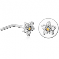 SURGICAL STEEL 90 DEGREE JEWELLED NOSE STUD -FLOWER PIERCING