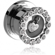 STAINLESS STEEL JEWELLED THREADED TUNNEL WITH HEART CHARM PIERCING