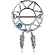 SURGICAL STEEL JEWELLED NIPPLE SHIELD - DREAMCATCHER WITH FEATHERS PIERCING