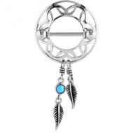 SURGICAL STEEL TURQUOISE DREAMCATCHER WITH FEATHERS NIPPLE SHIELD PIERCING