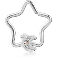 SURGICAL STEEL JEWELLED OPEN STAR SEAMLESS RING - CRESCENT AND STAR PIERCING