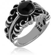 SURGICAL STEEL RING WITH ONYX - FLOWER