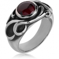 SURGICAL STEEL RING WITH GARNET - CURVED LINES