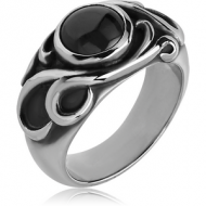 SURGICAL STEEL RING WITH ONYX - CURVED LINES