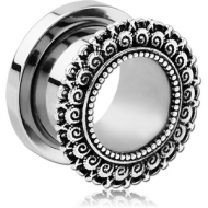 STAINLESS STEEL THREADED TUNNEL WITH RHODIUM PLATED BRASS TOP - FLOWER FILIGREE PIERCING