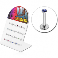 BOX OF 16 SURGICAL STEEL INTERNALLY THREADED JEWELLED LABRET PIERCING