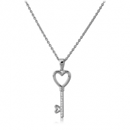 STERLING SILVER 925 JEWELLED NECKLACE WITH PENDANT - KEY WITH HEART