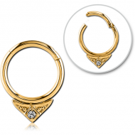 STERILE GOLD PVD COATED SURGICAL STEEL ROUND PRONG SET JEWELLED HINGED SEGMENT RING PIERCING