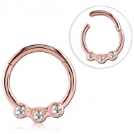 STERILE ROSE GOLD PVD COATED SURGICAL STEEL ROUND JEWELLED HINGED SEGMENT RING PIERCING