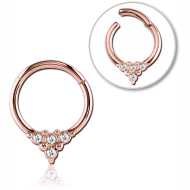 STERILE ROSE GOLD PVD COATED SURGICAL STEEL ROUND JEWELLED HINGED SEGMENT RING PIERCING