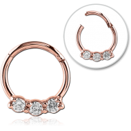 STERILE ROSE GOLD PVD COATED SURGICAL STEEL ROUND JEWELLED HINGED SEGMENT RING PIERCING