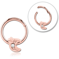 STERILE ROSE GOLD PVD COATED SURGICAL STEEL JEWELLED HINGED SEGMENT RING - CRESCENT AND STAR PIERCING