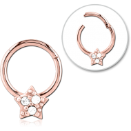 STERILE ROSE GOLD PVD COATED SURGICAL STEEL JEWELLED HINGED SEGMENT RING - STAR PRONGS PIERCING